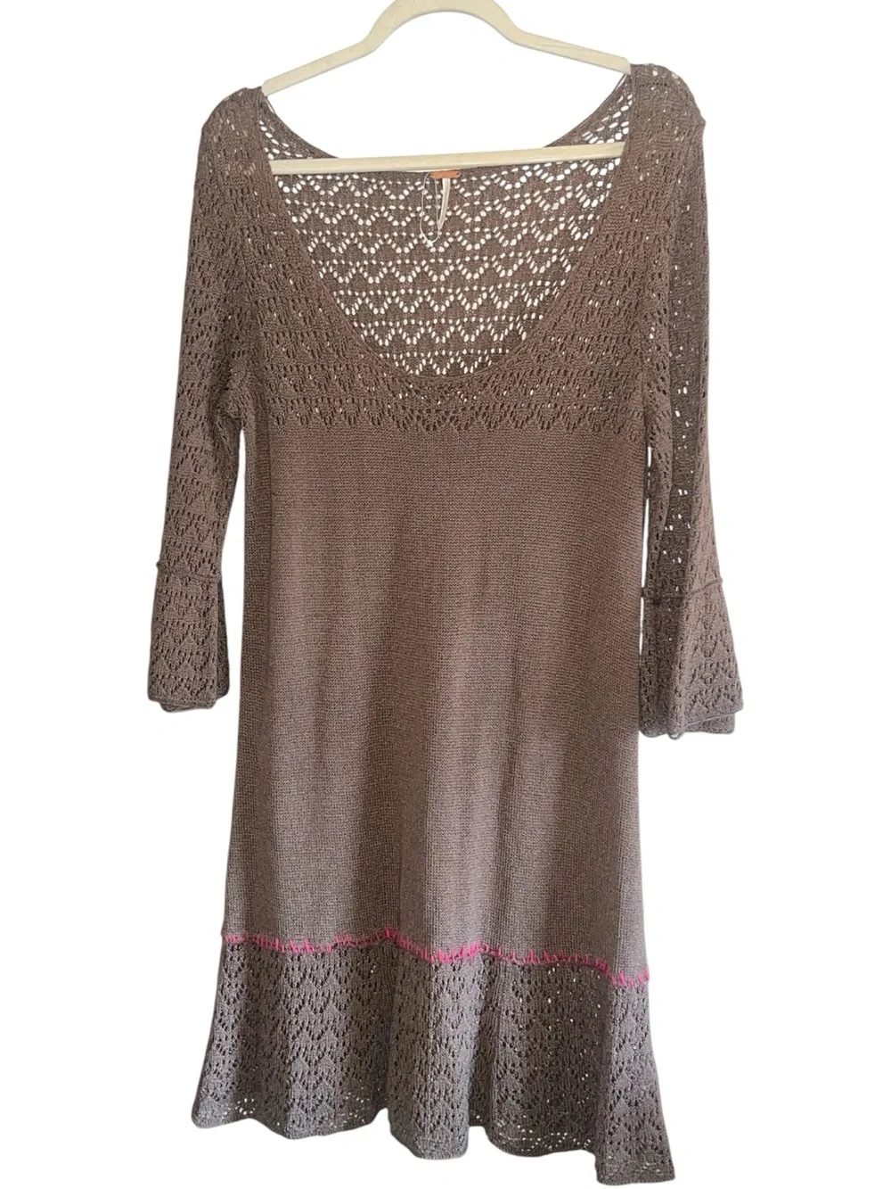 Free People Brown Crochet Knit Boho Whimsigoth Mini Dress Size M